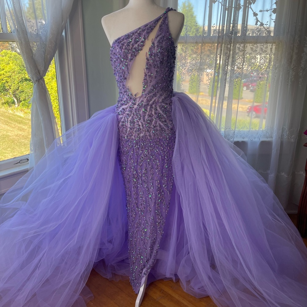 SOLD New, never used gorgeous custom lilac beaded tulle overskirt couture gown